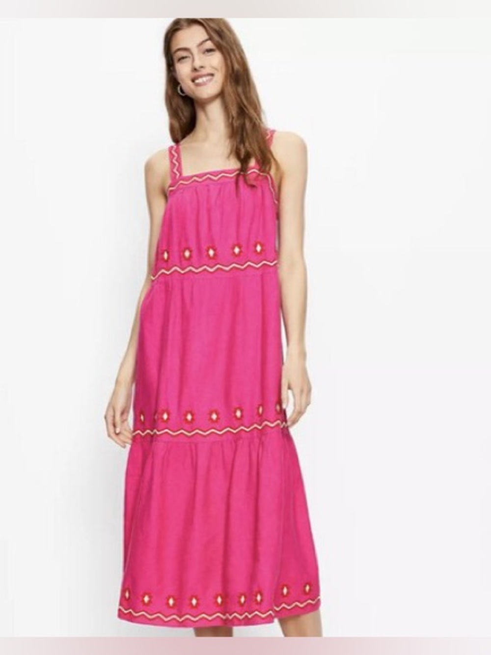 Loft Pink Linen Blend Summer Dress Medium Embroidered Square Neck Tiered Midi
